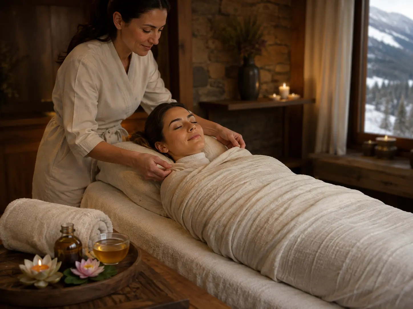 Rituale di avvolgimento profondo in un ambiente wellness alpino