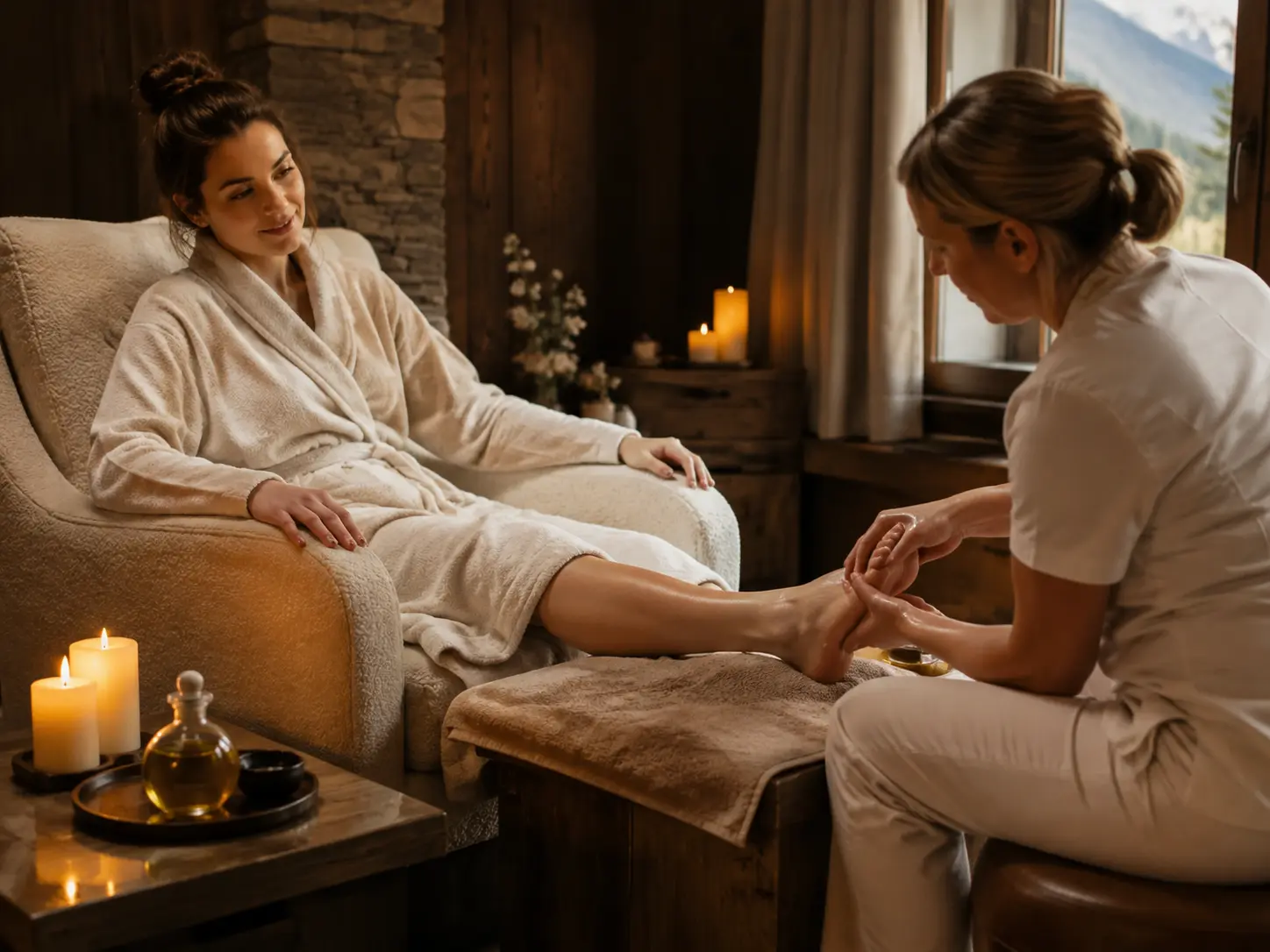 Massaggio plantare con olio in un ambiente wellness alpino
